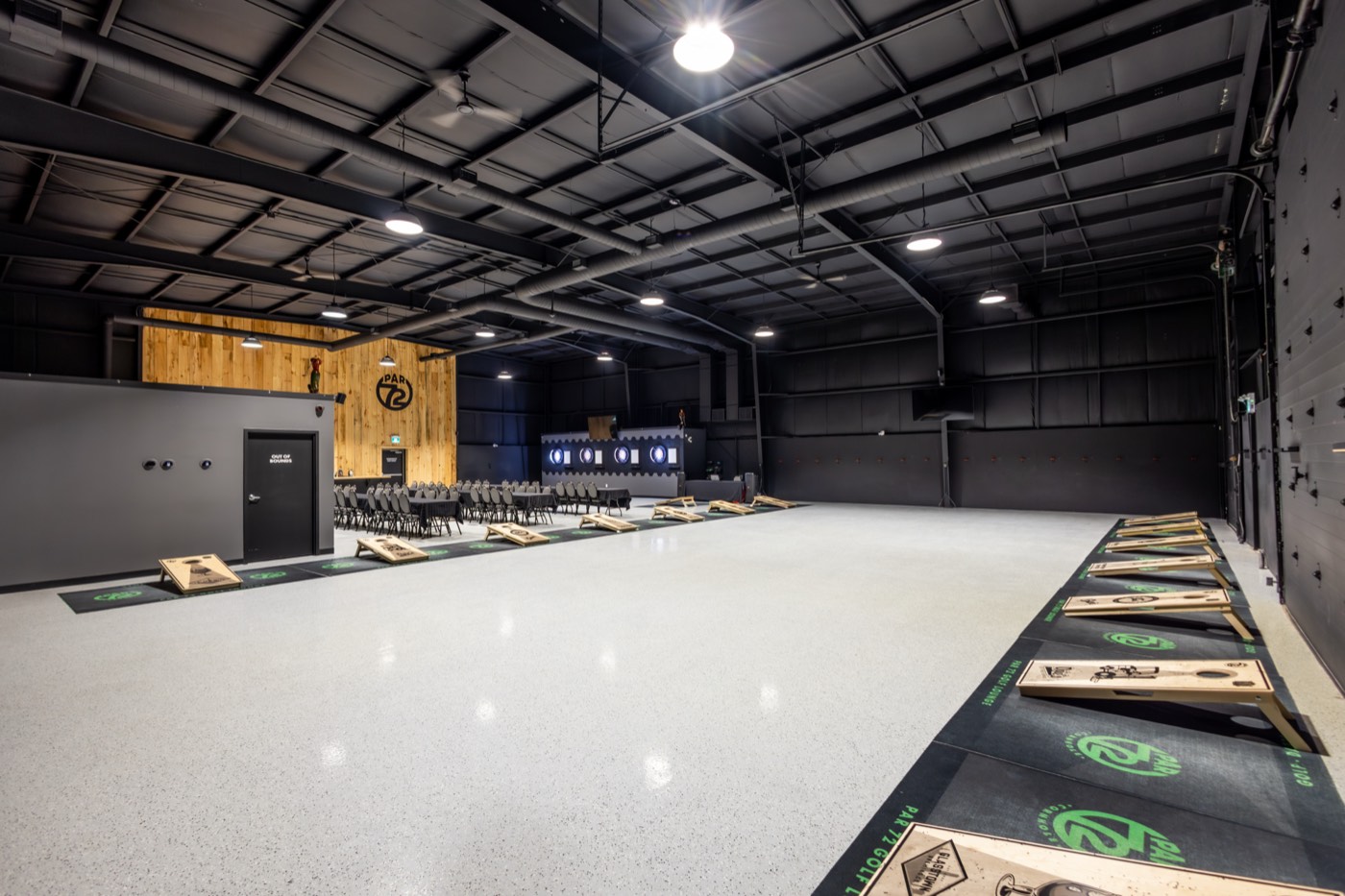 Cornhole boards set up in the Par 72 Event Centre